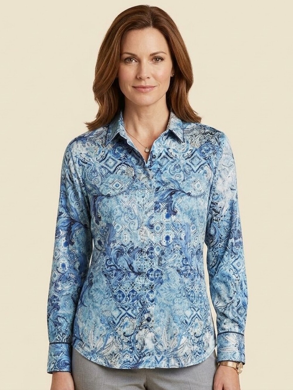 Chico's Blue Paisley Silk Blend Button Down Shirt Top Size 3 16/18